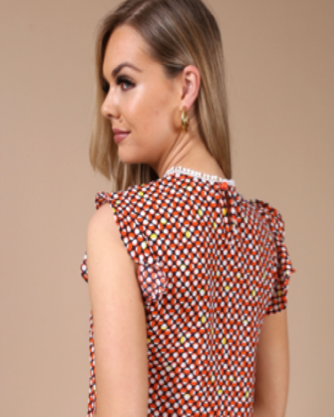 Shauna Red Patterned Ruffle Trim Top