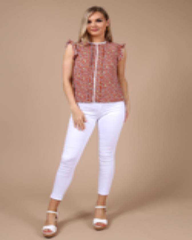 Shauna Green Patterned Ruffle Trim Top